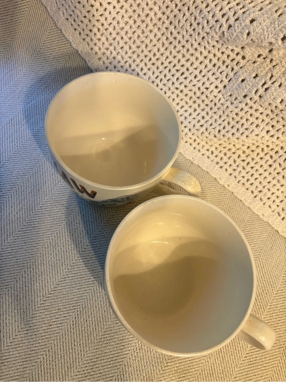 Vintage Maw and Paw Coffee Mugs with Green and Orange Rustic Print - Set of 2